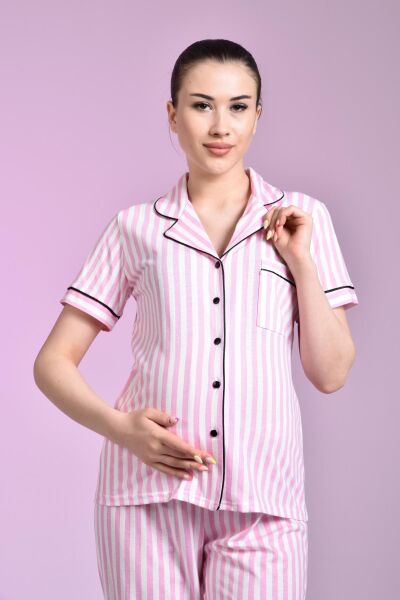 Likapa Penye Önden Düğmeli Hamile Lohusa KISA KOL PİJAMA TAKIMI ,%100 Cotton PEMBE ÇİZGİLİ - M