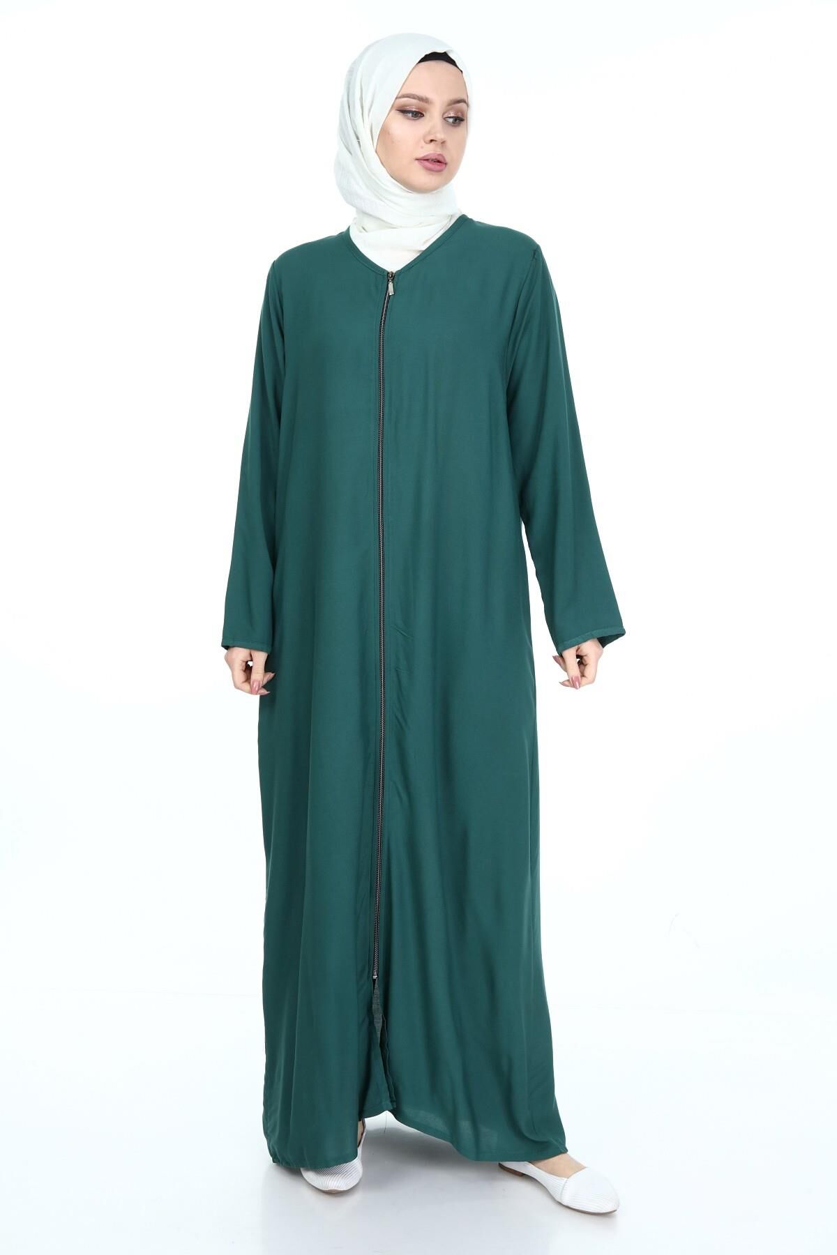 Tek Cepli Fermuarlı Viskon Namaz Elbisesi Yeşil  - 2