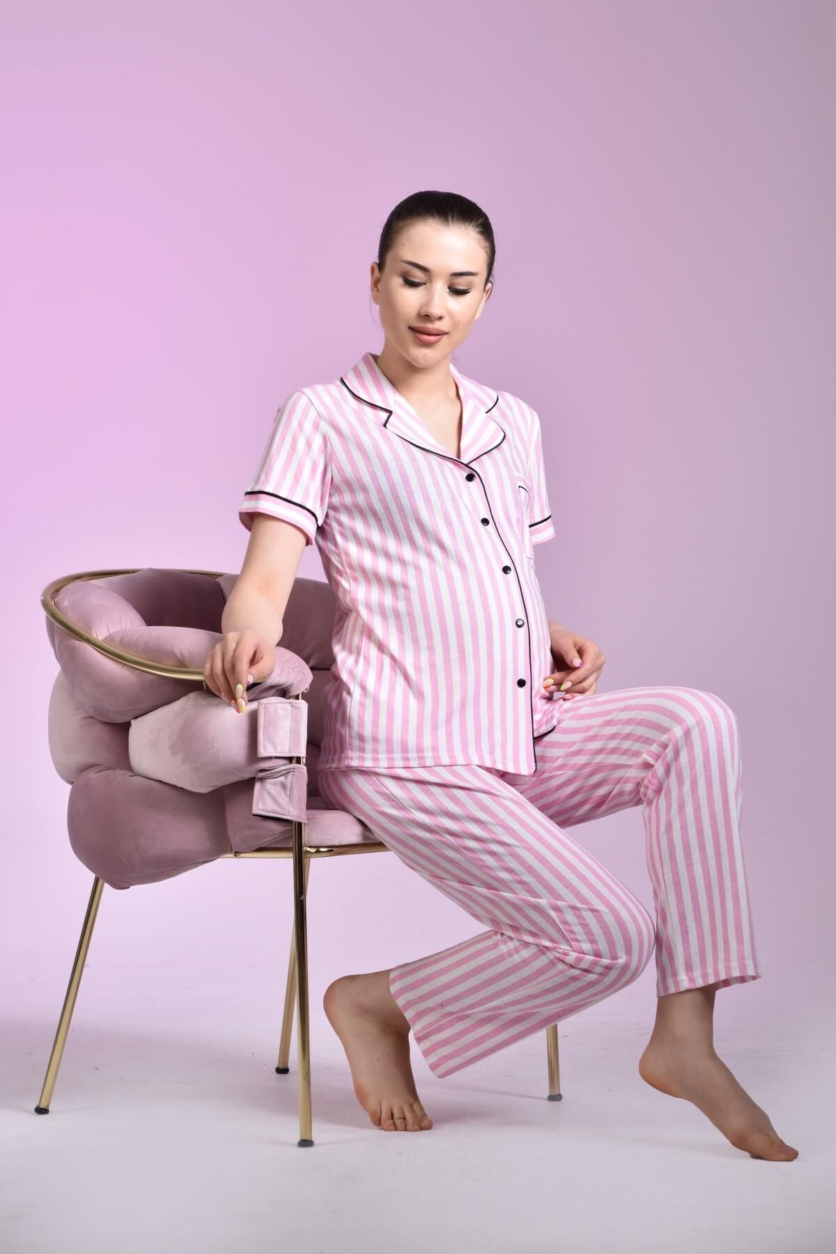 Likapa Penye Önden Düğmeli Hamile Lohusa KISA KOL PİJAMA TAKIMI ,%100 Cotton PEMBE ÇİZGİLİ - L