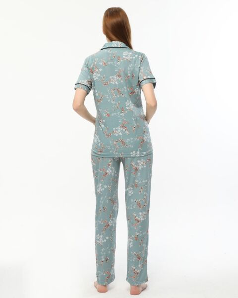 Likapa Penye Önden Düğmeli Hamile Lohusa KISA KOL PİJAMA TAKIMI ,%100 Cotton Koyu Mint Çiçek - 2XL