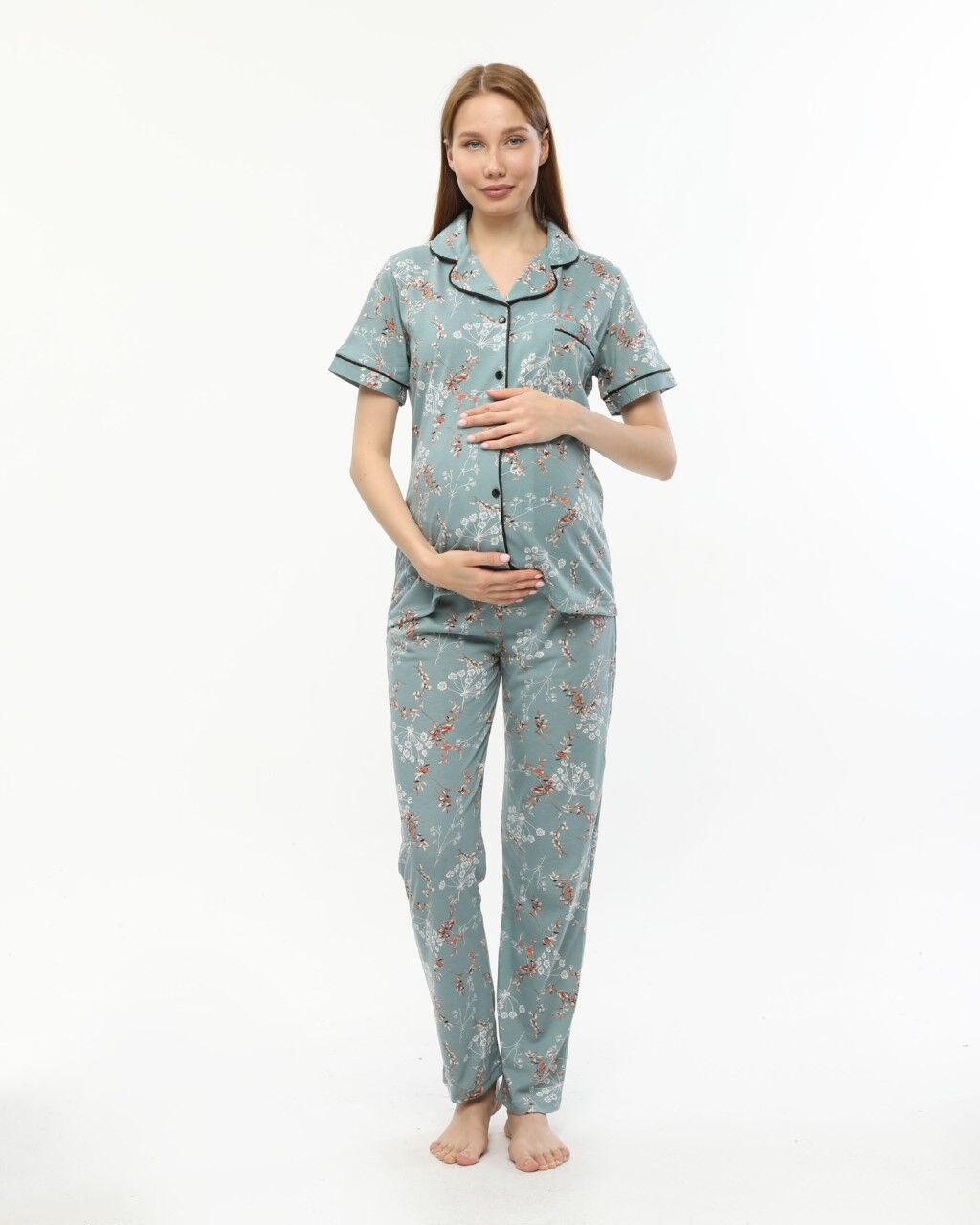Likapa Penye Önden Düğmeli Hamile Lohusa KISA KOL PİJAMA TAKIMI ,%100 Cotton Koyu Mint Çiçek - 3XL