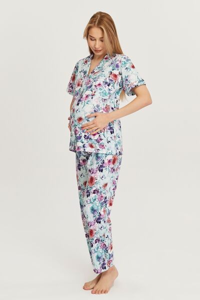 Likapa Penye Önden Düğmeli Hamile Lohusa KISA KOL PİJAMA TAKIMI ,%100 Cotton MAVİ ÇİÇEK - M