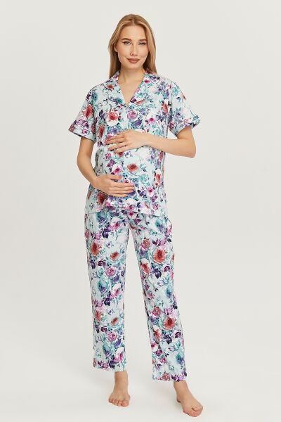 Likapa Penye Önden Düğmeli Hamile Lohusa KISA KOL PİJAMA TAKIMI ,%100 Cotton MAVİ ÇİÇEK - L