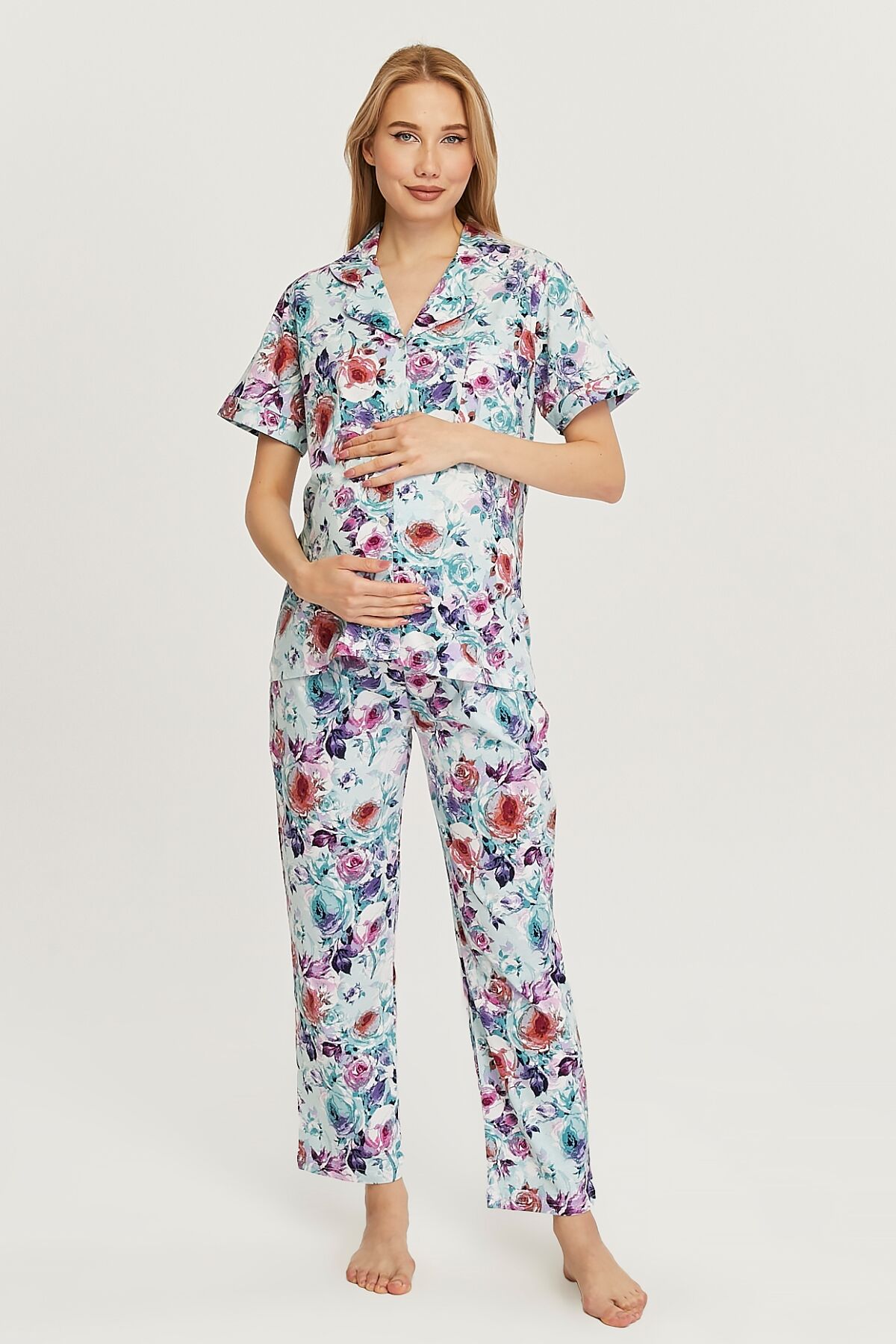 Likapa Penye Önden Düğmeli Hamile Lohusa KISA KOL PİJAMA TAKIMI ,%100 Cotton MAVİ ÇİÇEK - XL