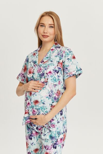 Likapa Penye Önden Düğmeli Hamile Lohusa KISA KOL PİJAMA TAKIMI ,%100 Cotton MAVİ ÇİÇEK - 2XL