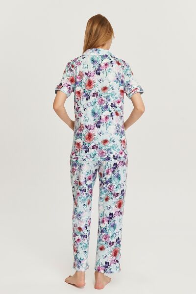 Likapa Penye Önden Düğmeli Hamile Lohusa KISA KOL PİJAMA TAKIMI ,%100 Cotton MAVİ ÇİÇEK - 2XL