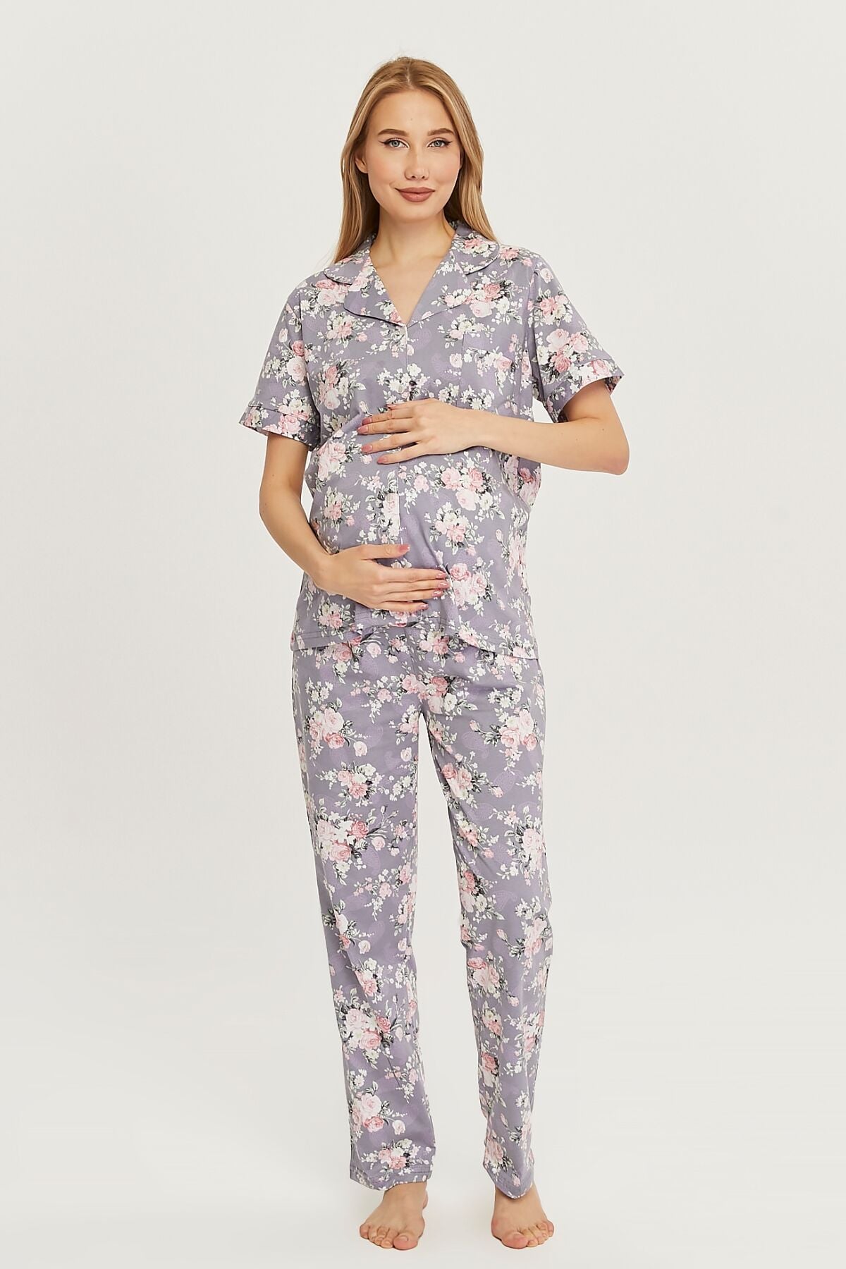 Likapa Penye Önden Düğmeli Hamile Lohusa KISA KOL PİJAMA TAKIMI ,%100 Cotton Lila Çiçek - M