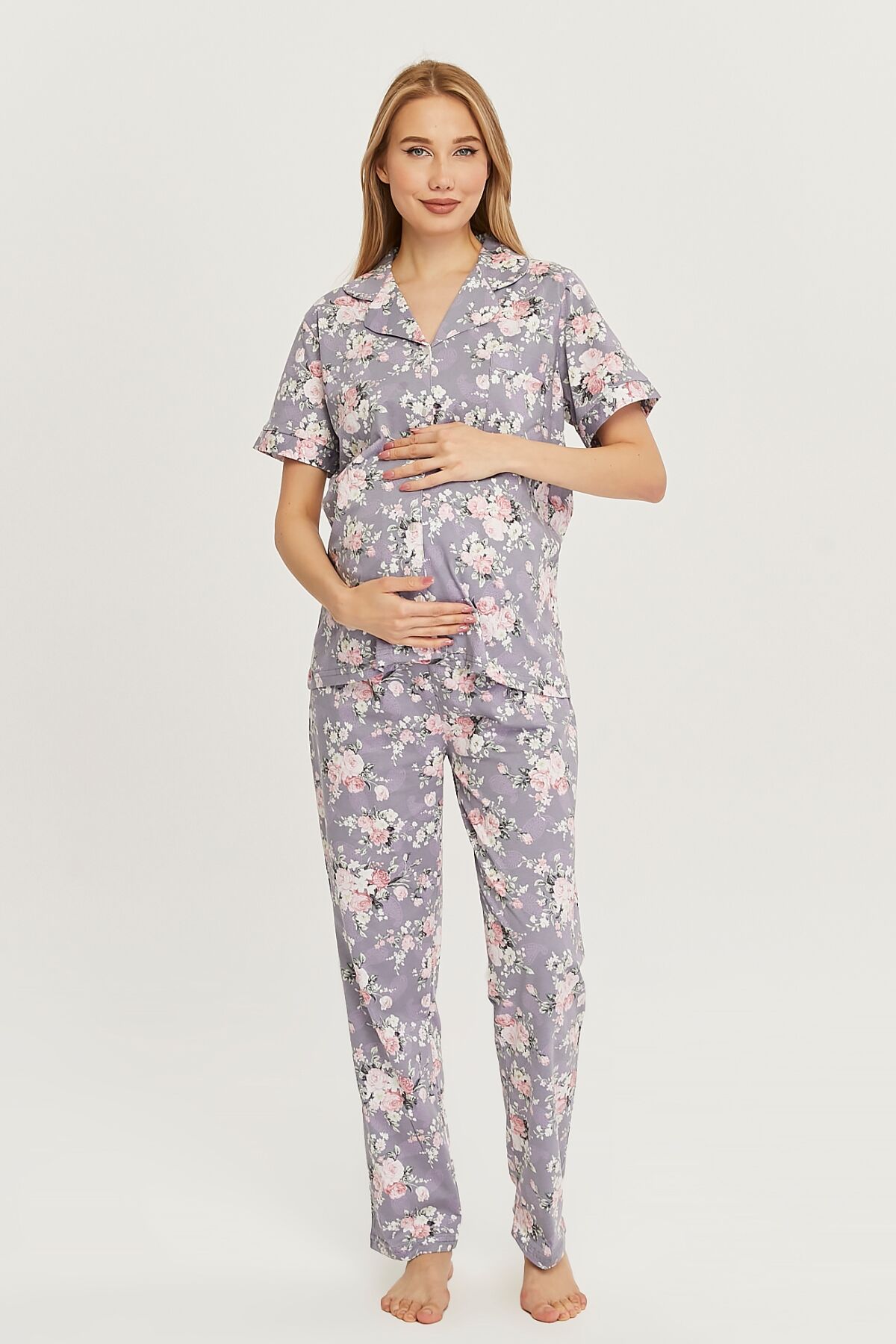 Likapa Penye Önden Düğmeli Hamile Lohusa KISA KOL PİJAMA TAKIMI ,%100 Cotton Lila Çiçek - L