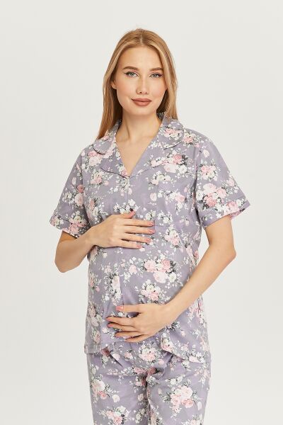 Likapa Penye Önden Düğmeli Hamile Lohusa KISA KOL PİJAMA TAKIMI ,%100 Cotton Lila Çiçek - L