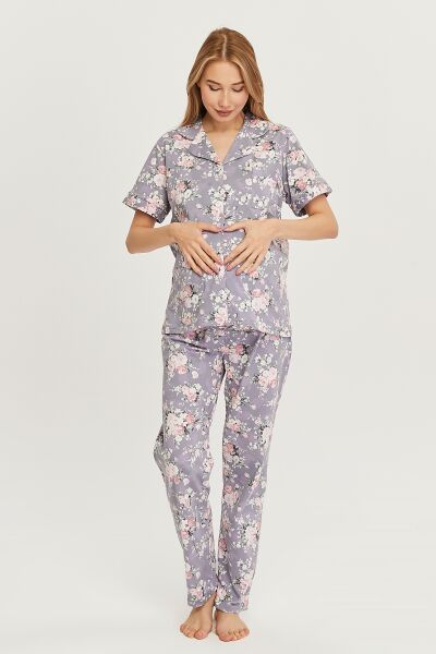 Likapa Penye Önden Düğmeli Hamile Lohusa KISA KOL PİJAMA TAKIMI ,%100 Cotton Lila Çiçek - L