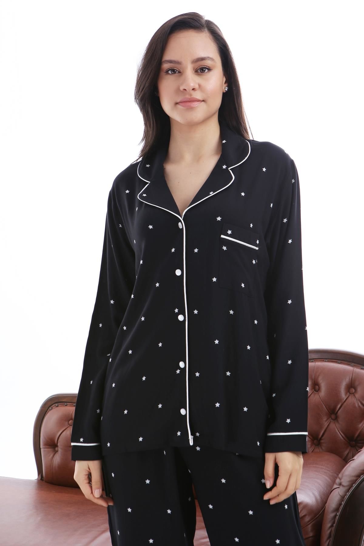 1353-03 Likapa Yıldız Kadın Uzun Kol Pijama Takım L - Lacivert Yıldız