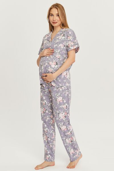Likapa Penye Önden Düğmeli Hamile Lohusa KISA KOL PİJAMA TAKIMI ,%100 Cotton Lila Çiçek - XL