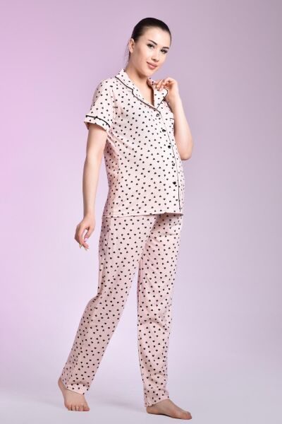 Likapa Penye Önden Düğmeli Hamile Lohusa KISA KOL PİJAMA TAKIMI ,%100 Cotton SOMON KALPLİ - XL