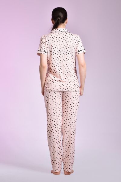 Likapa Penye Önden Düğmeli Hamile Lohusa KISA KOL PİJAMA TAKIMI ,%100 Cotton SOMON KALPLİ - XL