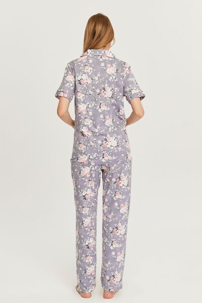 Likapa Penye Önden Düğmeli Hamile Lohusa KISA KOL PİJAMA TAKIMI ,%100 Cotton Lila Çiçek - 2XL