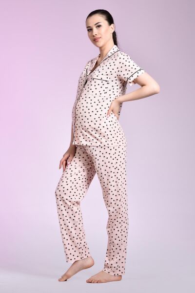 Likapa Penye Önden Düğmeli Hamile Lohusa KISA KOL PİJAMA TAKIMI ,%100 Cotton SOMON KALPLİ - 2XL