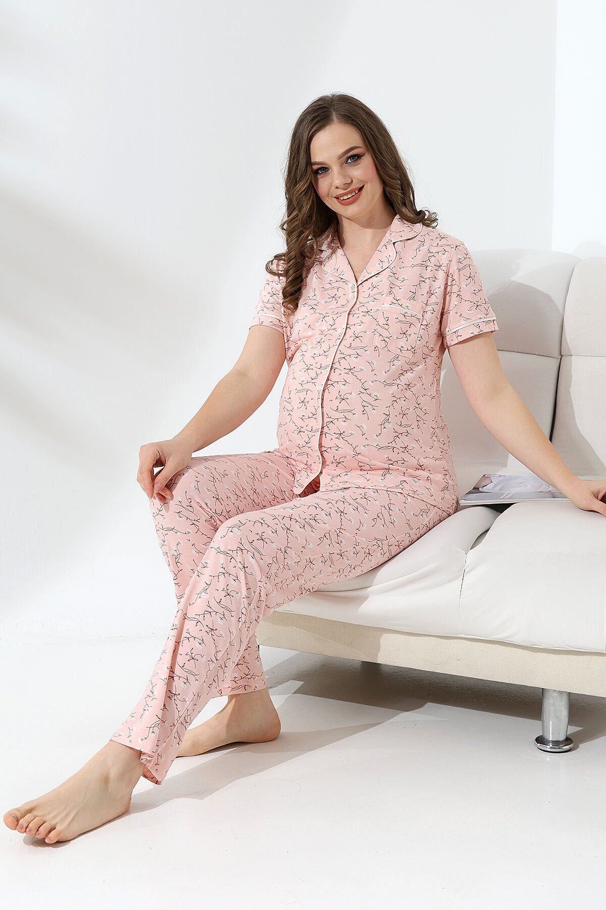 Likapa Penye Önden Düğmeli Hamile Lohusa KISA KOL PİJAMA TAKIMI ,%100 Cotton Somon Dallı - M