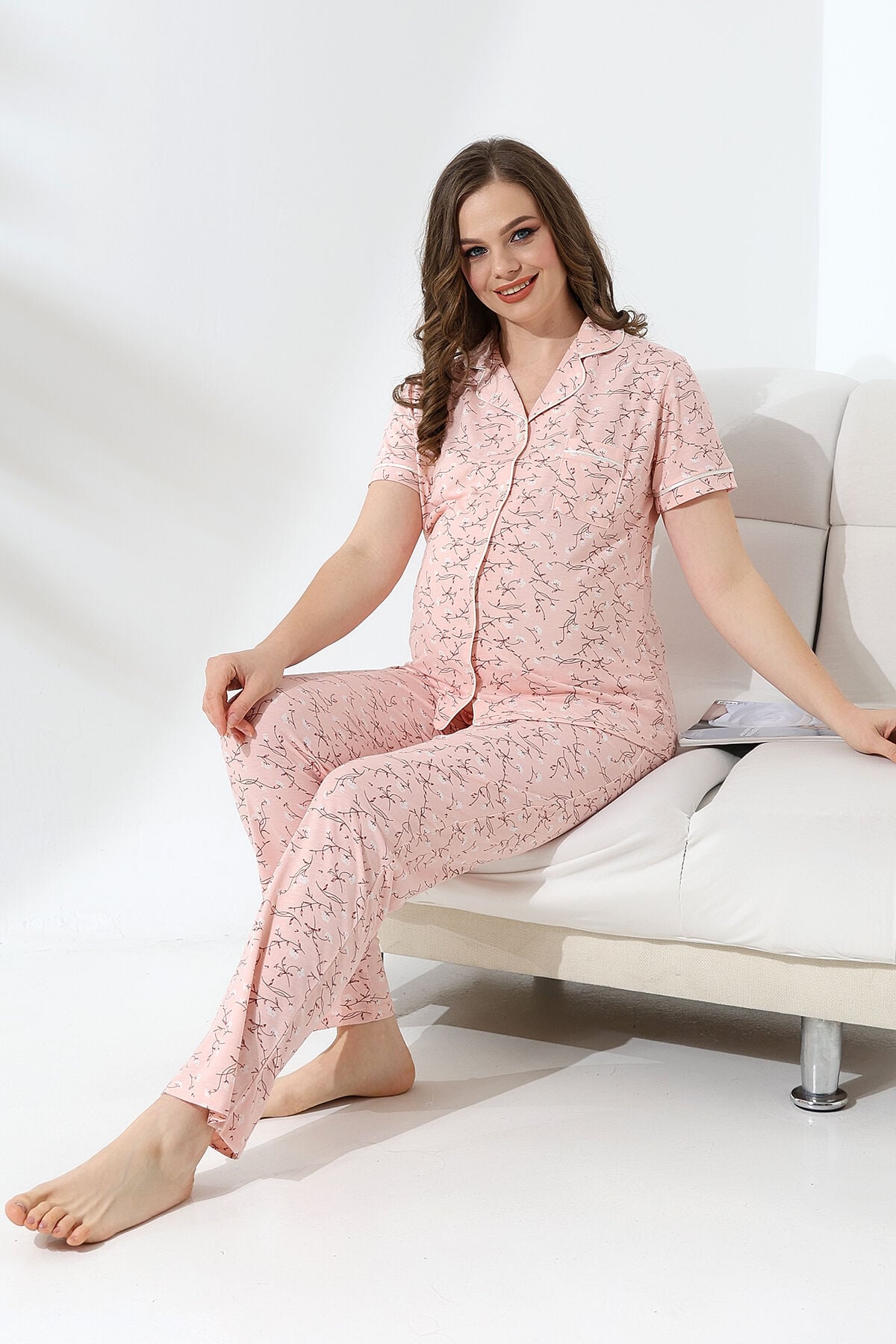 Likapa Penye Önden Düğmeli Hamile Lohusa KISA KOL PİJAMA TAKIMI ,%100 Cotton Somon Dallı - M