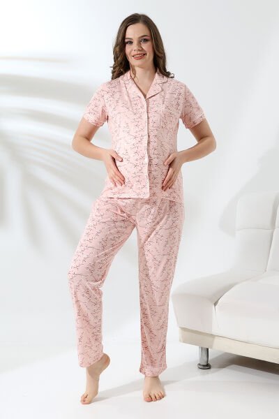 Likapa Penye Önden Düğmeli Hamile Lohusa KISA KOL PİJAMA TAKIMI ,%100 Cotton Somon Dallı - M