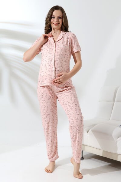 Likapa Penye Önden Düğmeli Hamile Lohusa KISA KOL PİJAMA TAKIMI ,%100 Cotton Somon Dallı - M