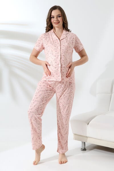 Likapa Penye Önden Düğmeli Hamile Lohusa KISA KOL PİJAMA TAKIMI ,%100 Cotton Somon Dallı - 2XL