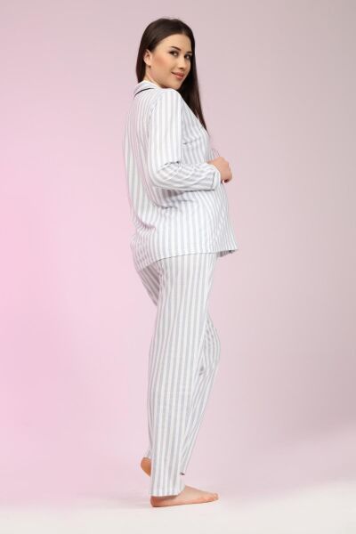 Likapa Penye Önden Düğmeli Hamile Lohusa UZUN KOL PİJAMA TAKIMI GRİ ÇİZGİLİ - XL