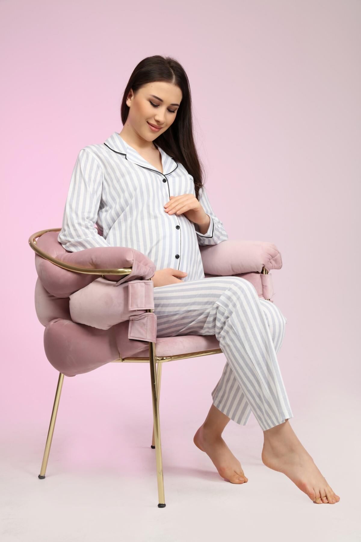 Likapa Penye Önden Düğmeli Hamile Lohusa UZUN KOL PİJAMA TAKIMI GRİ ÇİZGİLİ - 2XL