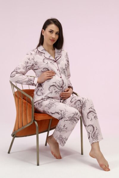 Likapa Penye Önden Düğmeli Hamile Lohusa UZUN KOL PİJAMA TAKIMI PEMBE ŞAL - M