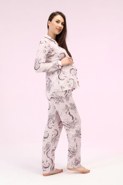 Likapa Penye Önden Düğmeli Hamile Lohusa UZUN KOL PİJAMA TAKIMI PEMBE ŞAL - M