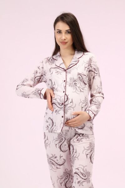 Likapa Penye Önden Düğmeli Hamile Lohusa UZUN KOL PİJAMA TAKIMI PEMBE ŞAL - L