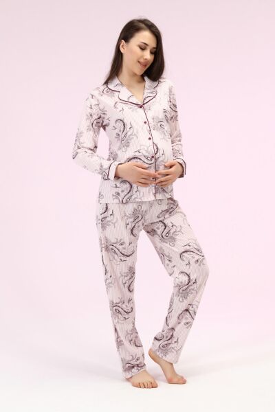 Likapa Penye Önden Düğmeli Hamile Lohusa UZUN KOL PİJAMA TAKIMI PEMBE ŞAL - L