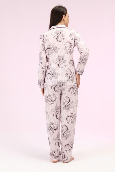 Likapa Penye Önden Düğmeli Hamile Lohusa UZUN KOL PİJAMA TAKIMI PEMBE ŞAL - L