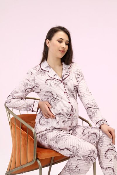 Likapa Penye Önden Düğmeli Hamile Lohusa UZUN KOL PİJAMA TAKIMI PEMBE ŞAL - XL