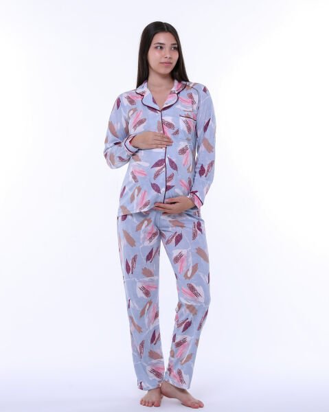Likapa Penye Önden Düğmeli Hamile Lohusa UZUN KOL PİJAMA TAKIMI Mavi - Bordo Yaprak - M