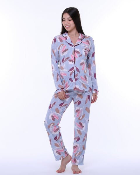 Likapa Penye Önden Düğmeli Hamile Lohusa UZUN KOL PİJAMA TAKIMI Mavi - Bordo Yaprak - M