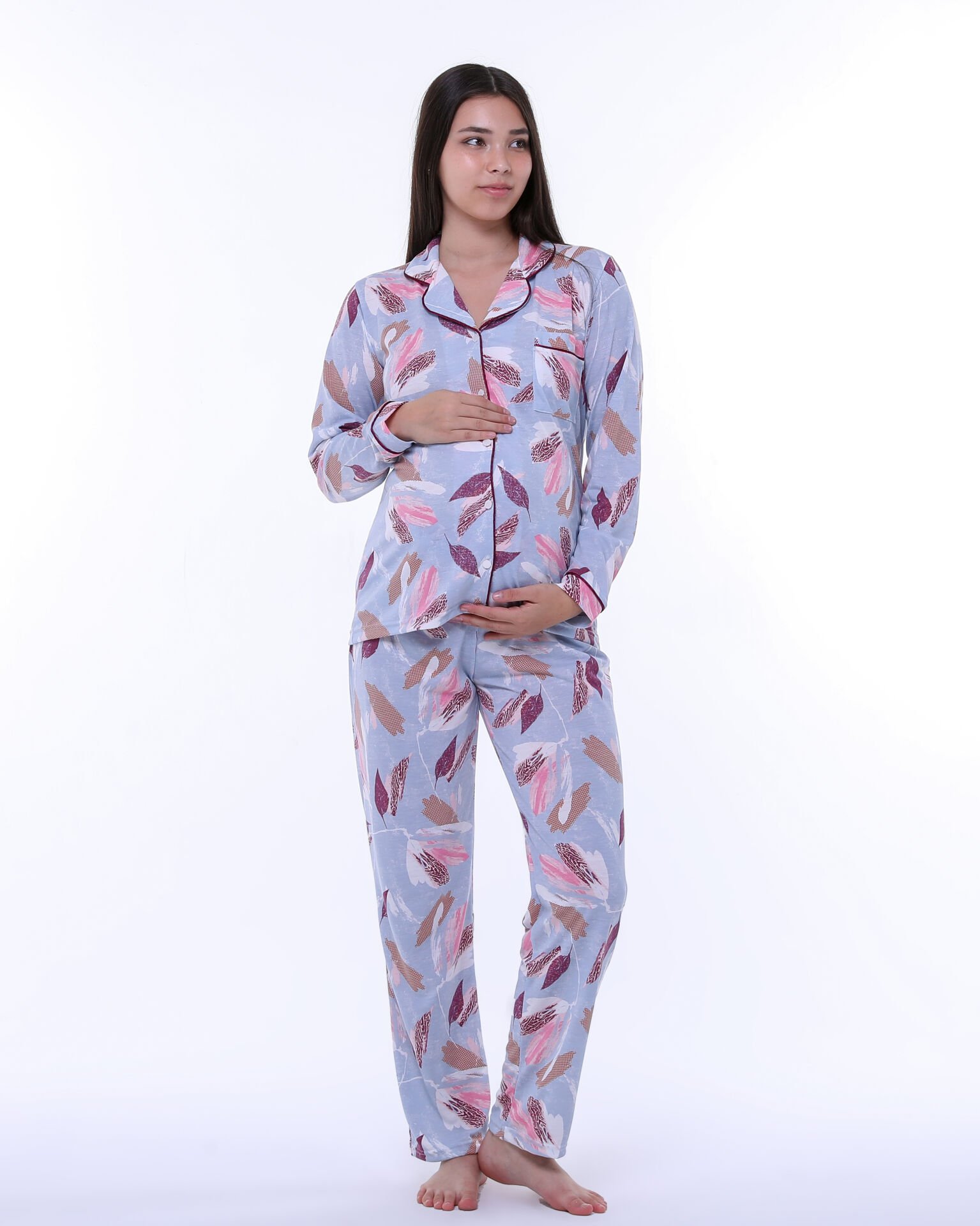 Likapa Penye Önden Düğmeli Hamile Lohusa UZUN KOL PİJAMA TAKIMI Mavi - Bordo Yaprak - L