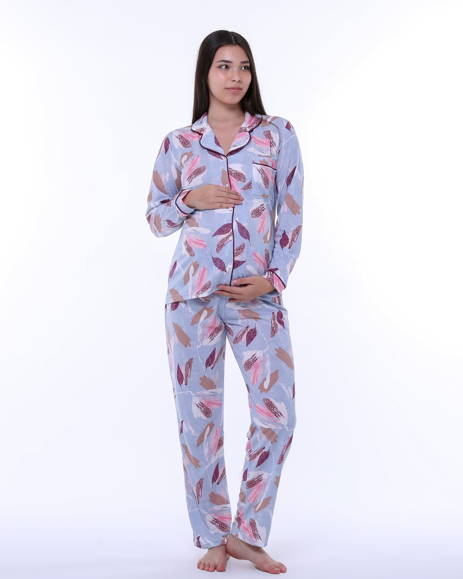 Likapa Penye Önden Düğmeli Hamile Lohusa UZUN KOL PİJAMA TAKIMI Mavi - Bordo Yaprak - L