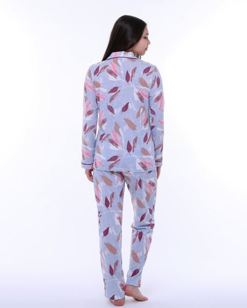 Likapa Penye Önden Düğmeli Hamile Lohusa UZUN KOL PİJAMA TAKIMI Mavi - Bordo Yaprak - L