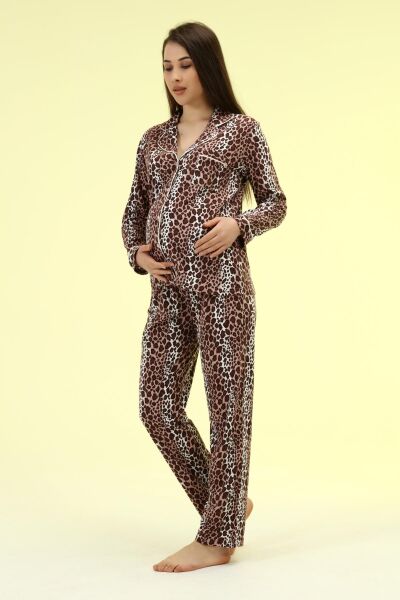 Likapa Penye Önden Düğmeli Hamile Lohusa UZUN KOL PİJAMA TAKIMI LEOPAR - 3XL