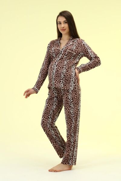 Likapa Penye Önden Düğmeli Hamile Lohusa UZUN KOL PİJAMA TAKIMI LEOPAR - 3XL