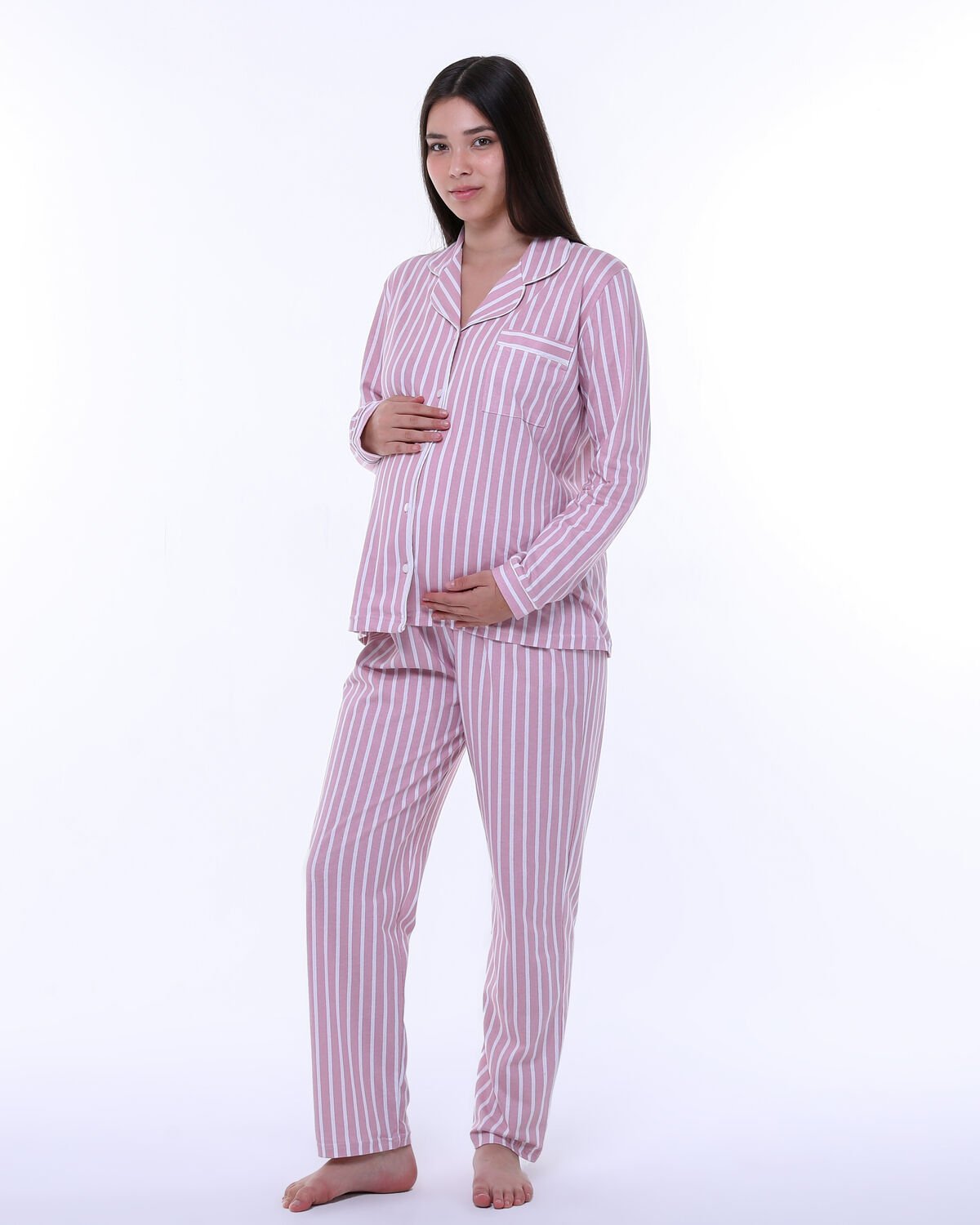 Likapa Penye Önden Düğmeli Hamile Lohusa UZUN KOL PİJAMA TAKIMI Somon - Beyaz Çizgi - L