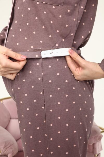 Likapa Penye Önden Düğmeli Hamile Lohusa UZUN KOL PİJAMA TAKIMI Kahve Puan - XL