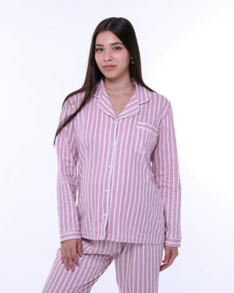 Likapa Penye Önden Düğmeli Hamile Lohusa UZUN KOL PİJAMA TAKIMI Somon - Beyaz Çizgi - XL
