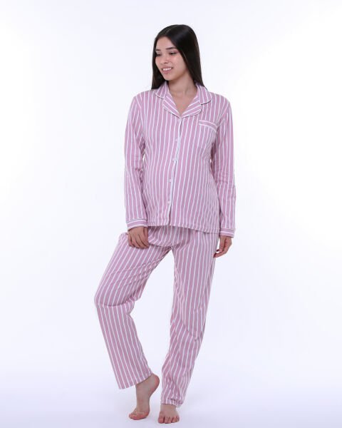Likapa Penye Önden Düğmeli Hamile Lohusa UZUN KOL PİJAMA TAKIMI Somon - Beyaz Çizgi - XL