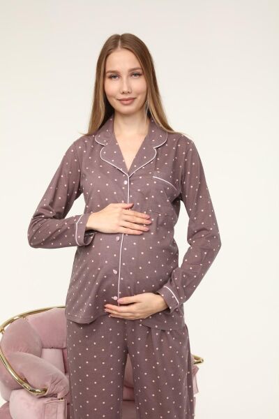 Likapa Penye Önden Düğmeli Hamile Lohusa UZUN KOL PİJAMA TAKIMI Kahve Puan - 2XL