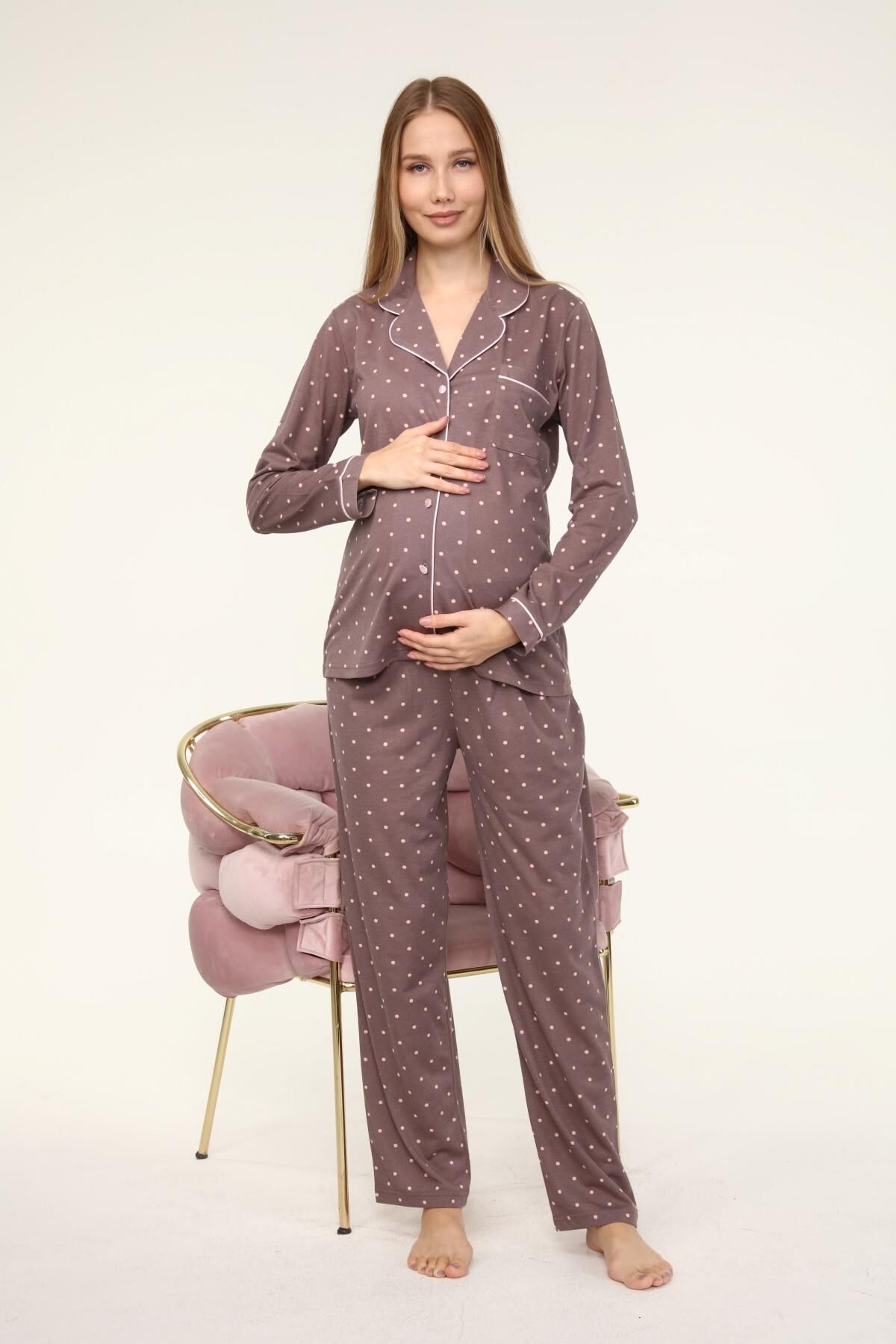 Likapa Penye Önden Düğmeli Hamile Lohusa UZUN KOL PİJAMA TAKIMI Kahve Puan - 3XL