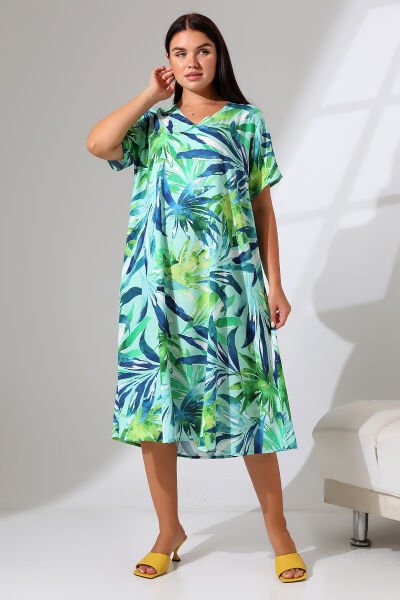 Likapa Yazlık Büyük Beden Viskon  V Yaka Kısa Kol Elbise 2688 M - yeşil yaprak