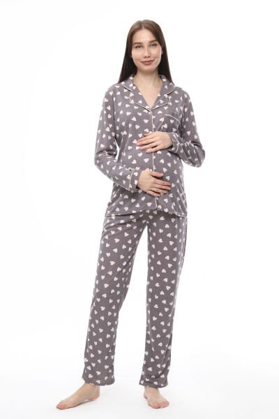 Likapa Penye Önden Düğmeli Hamile Lohusa UZUN KOL PİJAMA TAKIMI Kahve Kalpli - XL