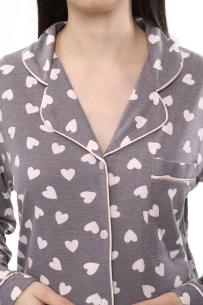 Likapa Penye Önden Düğmeli Hamile Lohusa UZUN KOL PİJAMA TAKIMI Kahve Kalpli - XL
