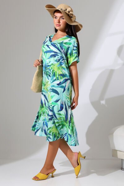 Likapa Yazlık Büyük Beden Viskon  V Yaka Kısa Kol Elbise 2688 L - yeşil yaprak